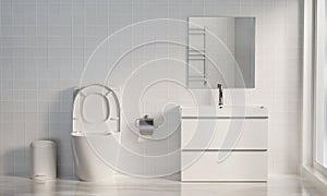 modern white bathroom with white floor minimal interior design, 3d render