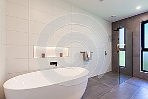 Modern white bathtub and shower interior design.