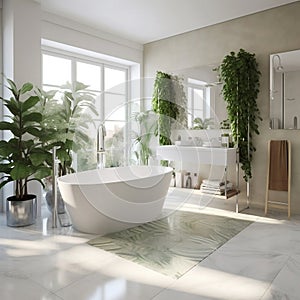 Modern White Bathtub in a Spacious Bathroom. Generative AI