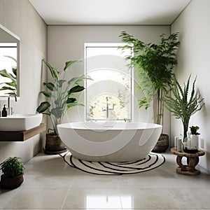 Modern White Bathtub in a Spacious Bathroom. Generative AI