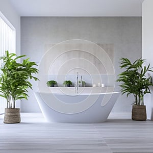 Modern White Bathtub in a Spacious Bathroom. Generative AI