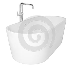 Modern white bathtub with a stainless metal faucet isolated on a white background