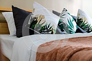 Modern white bed and pillow in the morning mood