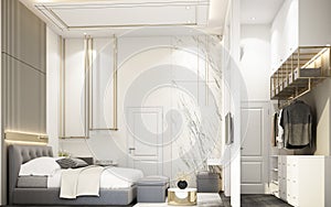 modern white bedroom with furniture in townhouse 3d
