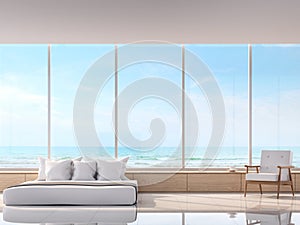 Modern white bedroom with sea view 3d rendering image.There are large window overlooks to sea view.