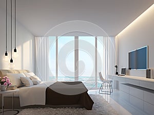 Modern white bedroom with sea view 3d rendering