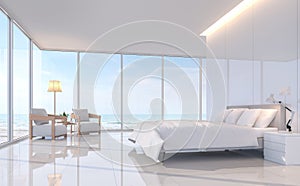Modern white bedroom with sea view 3d rendering image. photo