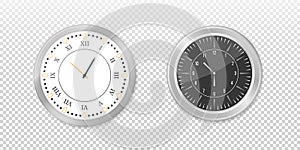 Modern white, black round wall clocks, black watch face and time watch mockup. Office clock for branding and advertising