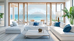 Modern white and blue living room with large windows overlooking the ocean in Key West