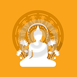 Modern White Buddha meditated sign and lotus flower around on dharmachakra wheel of dhamma in yellow background flat style vector