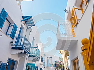 Modern white building with colorful painting detail