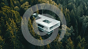 a modern white building nestled amidst a serene coniferous forest.