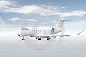 Modern white business jet isolated on bright background with sky