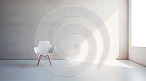 Modern white chair in an empty room with sunlight coming from the window. White concrete wall and floor. Generative AI