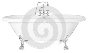 Modern white clawfoot bathtub with a stainless metal faucet isolated on a white background