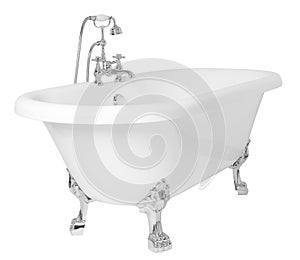 Modern white clawfoot bathtub with a stainless metal faucet isolated on a white background