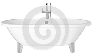 Modern white clawfoot bathtub with a stainless metal faucet isolated on a white background