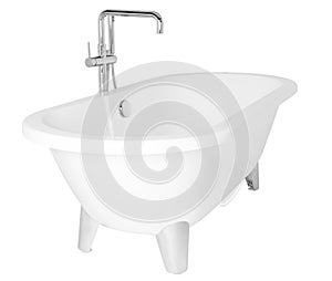 Modern white clawfoot bathtub with a stainless metal faucet isolated on a white background