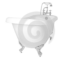 Modern white clawfoot bathtub with a stainless metal faucet isolated on a white background