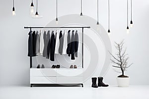 A modern white closet featuring a dresser and a sleek black coat rack, embodying a minimalist aesthetic, A minimalist wardrobe