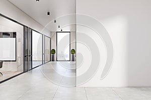 Modern white concrete office interior corridor with empty mock up place on wall, glass, partition and furniture, daylight, window