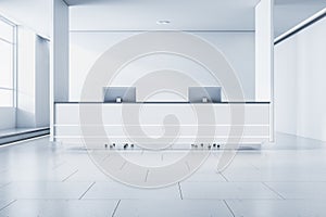Modern white concrete office lobby interior with reception desk and computer, window with city view and daylight. Waiting area