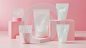 Modern White Cosmetic Pouches on Pink Setup photo