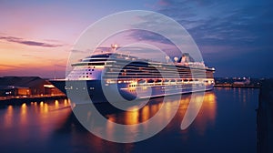 A modern, white cruise ship near the pier at sunset, side view. Travel and vacation