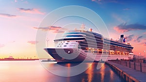 A modern, white cruise ship near the pier at sunset, side view. Travel and vacation