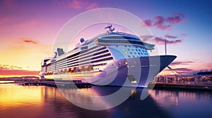 A modern, white cruise ship near the pier at sunset, side view. Travel and vacation