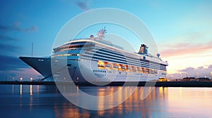 A modern, white cruise ship near the pier at sunset, side view. Travel and vacation