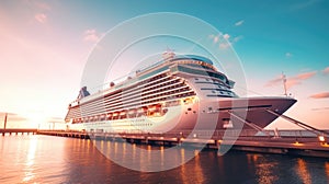 A modern, white cruise ship near the pier at sunset, side view. Travel and vacation