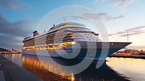 A modern, white cruise ship near the pier at sunset, side view. Travel and vacation