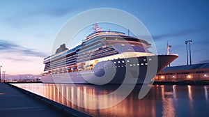 A modern, white cruise ship near the pier at sunset, side view. Travel and vacation