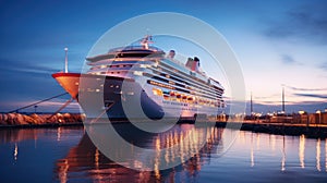 A modern, white cruise ship near the pier at sunset, side view. Travel and vacation