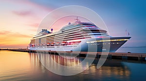 A modern, white cruise ship near the pier at sunset, side view. Travel and vacation