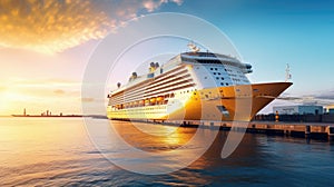 A modern, white cruise ship near the pier at sunset, side view. Travel and vacation