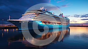 A modern, white cruise ship near the pier at sunset, side view. Travel and vacation