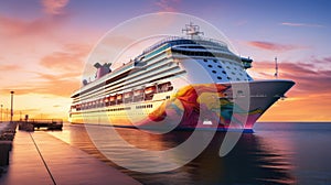 A modern, white cruise ship near the pier at sunset, side view. Travel and vacation