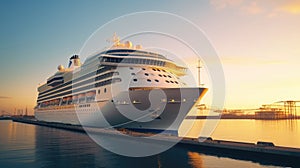 A modern, white cruise ship near the pier at sunset, side view. Travel and vacation