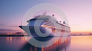 A modern, white cruise ship near the pier at sunset, side view. Travel and vacation