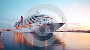 A modern, white cruise ship near the pier at sunset, side view. Travel and vacation