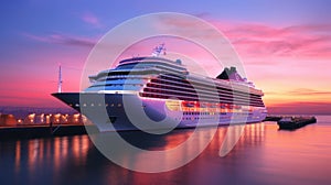 A modern, white cruise ship near the pier at sunset, side view. Travel and vacation