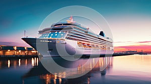 A modern, white cruise ship near the pier at sunset, side view. Travel and vacation