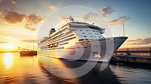 A modern, white cruise ship near the pier at sunset, side view. Travel and vacation