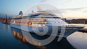 A modern, white cruise ship near the pier at sunset, side view. Travel and vacation