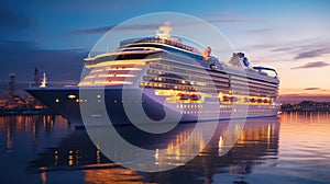 A modern, white cruise ship near the pier at sunset, side view. Travel and vacation