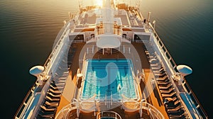 Modern, white cruise ship view inside. Pool and lounge area on deck. Traveling and relaxing. En route.