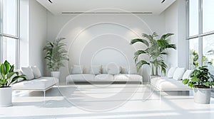 Modern white designer sofa in middle of minimalistic living room with high ceiling, futuristic chair, green plant.