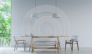 Modern white dining room decorate wall with brick pattern 3d rendering image